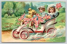 Victorian Easter~Boy & Girl Drive Vintage Car~Chicks in Wild Roses~Emboss~Saxony picture