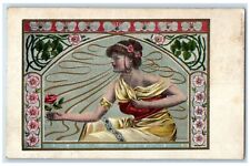 c1905 Pretty Woman Roses Flowers Art Nouveau Unposted Antique Postcard picture