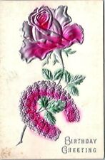 Vintage Birthday Foil Embossed Postcard Rose Horseshoe ~ Ships FREE picture