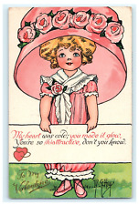 1914 Valentines MG Hays Artist Card Large Rose Hat Cute Girl Pink picture