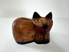CAT KITTEN FOLK ART HAND CARVED & PAINTED WOOD STATUE FIGURINE VINTAGE picture