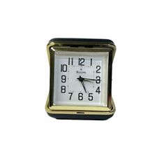 Vintage Bulova Travel Gold Tone Alarm Clock Folding Black Leather Case Wind Up picture