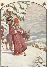 1919 GERMAN Christmas Postcard Burgundy Robe Santa St Nicolas Leans on Donkey picture