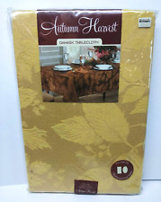 NEW NWT DAMASK Fabric Tablecloth Autumn Harvest 52x70 OBLONG OVAL RARE GOLD LEAF picture