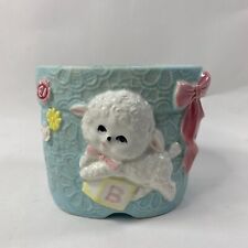 Baby Lamb Planter Pot Napco Japan Vintage Nursery Kitschy Decor Blue Bows Floral picture