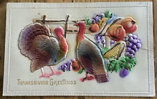vintage Heavily and Embossed Thanksgiving Greeting Postcard turkeys vegetable picture