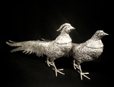 Vtg ITALY Metal Pheasant Bird Figurines Male/Female Pair Silver Plate 11.5