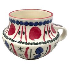 Anthropologie Ceramic Coffee Mug Hand Painted Art Pottery White Blue Red Cup picture