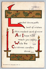 Postcard Christmas greetings message candles holly picture