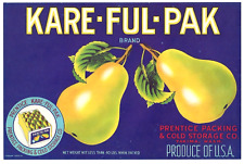 Original rare KARE-FUL-PAK pear crate label Yakima WA Prentice packed pear box picture