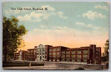 New High School Rockford Illinois Campus Street View Ill IL Vintage WOB Postcard picture