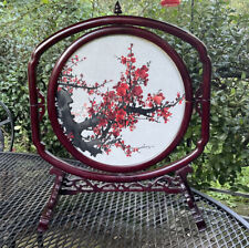 Antique Carved 18”X 15” Rosewood Revolving Frame Floral Silk Embroidered Stand picture