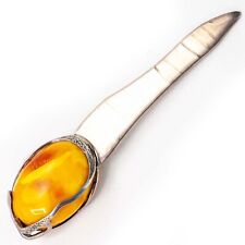 925 Solid Pure Sterling Silver Butterscotch Baltic Amber Unique Letter Opener picture