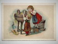 1894 Victorian Greeting Card 2 Girls Doing Laundry at Wash Tub w/Wooden Bucket picture