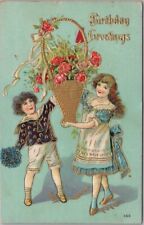 c1910s BIRTHDAY GREETINGS Embossed Postcard Boy & Girl with Basket of Roses picture