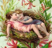 1880s-90s Embossed Victorian Easter Card Children In Giant Bird's Nest P214  picture