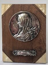 Antique Virgin Mary Plaque Art Deco Easel Back Wall Hanging Lourdes Silver Brass picture