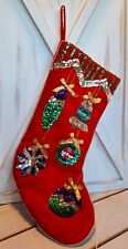 Vtg Velvet Sequin Beaded Christmas Stocking Red With Ornaments Design  picture