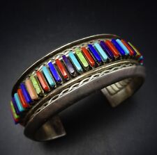 Gorgeous RAISED and COBBLESTONE INLAY Sterling Silver Cuff BRACELET Lapis Coral picture