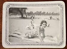 VTG 1937 Snapshot Photo Floral Print Swimsuit Sunbathing Beauty Beauties Beach picture