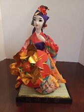 Vintage Japanese Geisha Doll, Kneeling, Red/Gold/Orange Kimono picture