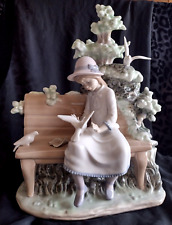 RARE LARGE COLLECTIBLE LLADRO NAO SPAIN GIRL FEEDING DOVE ON BENCH FIGURINE 1983 picture