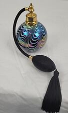 Vintage Pulled Feather Irridescent Round Art Glass Perfume Bottle with Atomizer picture