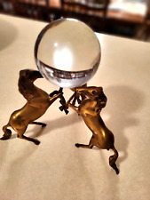VINTAGE 3 BRASS REARING HORSES HOLDING SEE THROUGH GLASS BALL picture
