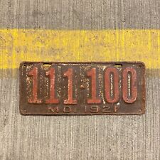 1921 Missouri License Plate 111100 Repeating 111 Repeat Nice Number picture