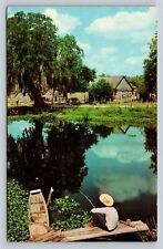 Man Catfishing In A Cowboy Hat Peaceful Reflection In Water VINTAGE Postcard picture