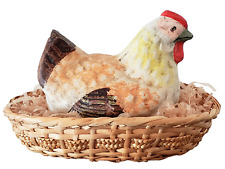 Rare ANTIQUE Straw OVAL Braid EASTER BASKET Hen on Nest CANDY CONTAINER Bisque picture