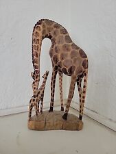Vintage, Old Hand Carved Hand Painted Wooden 2 Giraffe Statue Mom & Baby 12” picture