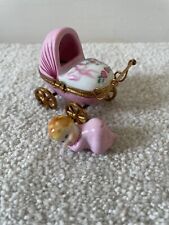 Rare  Limoges Trinket Box Pink Baby Carriage and Baby Figurine Inside picture