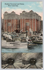 Hudson Terminal and Tubes New York NY Postcard Tunnel Multi View Paddle Wheeler picture
