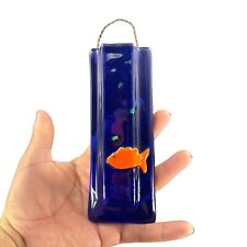 Hand Made Fused Art Glass Wall Hanging Vase Cobalt Blue With Orange Fish Mounted picture