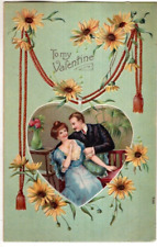 ANTIQUE EMBOSSED VALENTINE Postcard    COUPLE IN HEART, DAISIES, FLOWERS picture