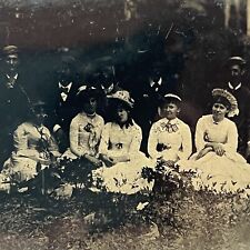 Antique Tintype Large Group Photograph Beautiful Women Men Outdoors picture