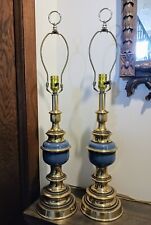 Pair of MCM Hollywood Regency Table Lamps, Blue Enamel & Brass.  picture