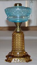 Antique Thousand Eye Lamp Amber Base, Blue Font Oil Lamp For #2 Burner picture