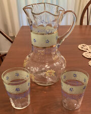 Antique Victorian Hand Painted Water Tea Lemonade Pitcher And Tumbler Set picture