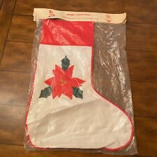 Christmas Stocking Poinsettia White Red 22” Vintage A32 picture