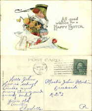Easter rabbit bunny girl green hat flower bouquet mailed 1921 picture