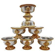 Set Of 7 Tibetan Gold Silver Buddhist Offering Bowls Nepal Carved Candle Stand picture