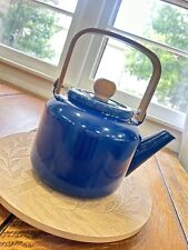 Vintage MCM Tea Kettle Blue Mid-Century Enamelware With Wooden Handle Vtg picture