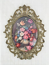 VTG Brass Oval Ornate Convex Glass Flowers Picture Frame Made in Italy picture