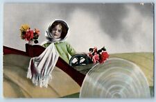Pretty Little Girl Postcard With Roses Flowers Riding Car 1915 Posted Antique picture
