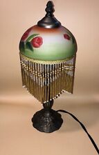 Vintage Boudoir Lamp Hand Painted Roses Beaded Fringe  Globe Cast Metal Base 15” picture
