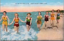 c1940s ST. JOSEPH, Michigan Postcard Girls Running on the Beach / KROPP Linen picture