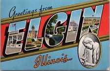 c1940s ELGIN, Illinois Large Letter Greetings Postcard KROPP Linen #6860N Unused picture