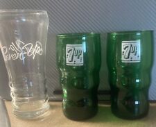 Vintage 7 up drinking glasses 2 Green 5inch And 1 Clear 16oz  picture